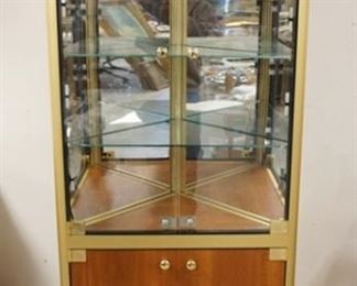 1127	LIGHTED MODERN CORNER CABINET W/MIRROR BACK & GLASS SHELVES, 73 1/2 IN HIGH X 27 IN WIDE
