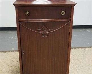 1129	MAHOGANY MUSIC CABINET W/BEVELED MIRROR BACK, ONE DRAWER & ONE DOOR, 50 3/4 IN HIGH X 20 1/4 IN WIDE X 14 IN DEEP
