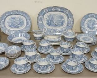 1131	96 PIECE RIDGEWAYS *OREINTAL* BLUE TRANSFER DINNERWARE, LARGEST PLATTER IS 15 IN
