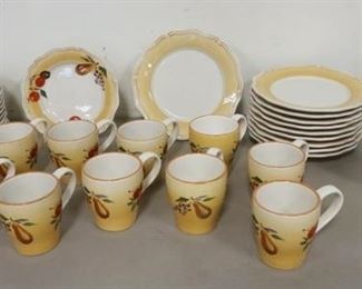 1134	44 PIECE LONGABERGER POTTERY DINNERWARE, FRUIT PATTERN, LARGEST PLATES ARE 10 1/4 IN
