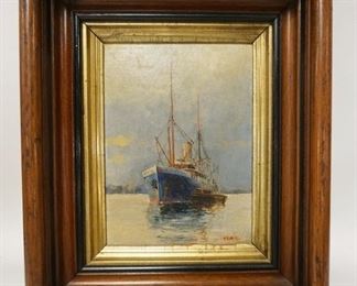 1173	OIL ON BOARD OF A SHIP IN A WLANUT VICTORIAN FRAME, SIGNED M.A.B., 10 IN X 12 IN INCLUDING FRAME
