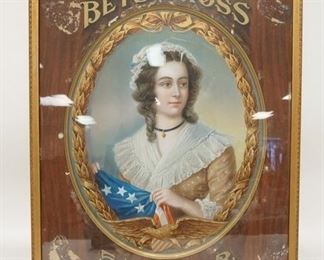 1174	BETSY ROSS 5 CENT POSTER ON TIN, HAS DAMAGE ON 4 CORNERS & ON THE OVAL AROUND THE PORTRAIT, 20 1/2 IN X 24 1/2 IN INCLUDING FRAME
