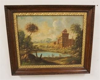 1181	OIL ON CANVAS CONTINENTAL LANDSCAPE W/LAKE & BUILDING, 25 IN X 21 IN INCLUDING FRAME

