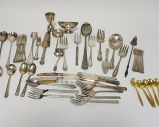 1201	FLATWARE LOT INCLUDES STERLING SILVER CANDLE SNUFFER W/TURNED WOODEN HANDLE, STUFFING SPOON, SERVING PIECES, ETC
