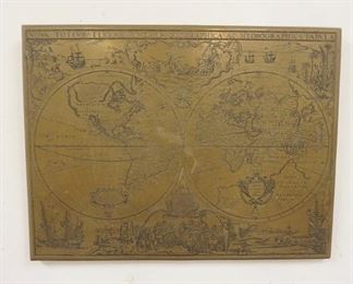 1203	BRASS WORLD MAP, HAND MADE IN ENGLAND, 16 IN X 12 IN
