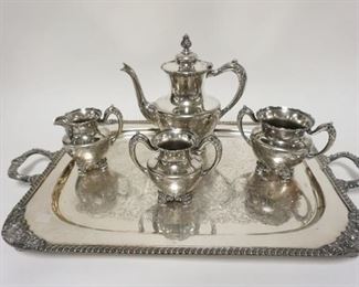 1205	5 PIECE SILVERPLATED TEASET, PLATE WORN, NOT MONOGRAMMED, SUPERIOR SILVER CO, POT IS 9 1/2 IN
