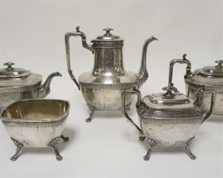 1206	5 PIECE CLAW FOOT SILVERPLATED TEASET, REED & BARTON, LARGEST POT IS 9 1/2 IN
