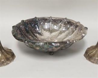 1210	HAMMERED SILVER PLATED CONSOLE SET, 3 PIECE, BOWL HAS BALL FEET & 13 1/4 IN DIAMETER, CANDLESTAICKS ARE 6 1/8 IN HIGH
