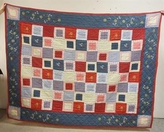 1215	HAND SEWN PATCHWORK QUILT, HAS A PRINT BACK 88 IN X 69 1/2 IN 

