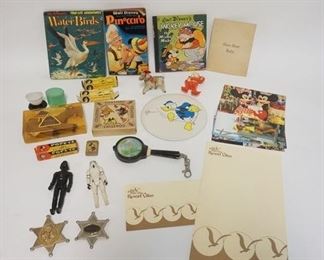 1218	GROUP OF TOYS INCLUDING 2 STAR WARS, ROY ROGERS, DEPUTY BADGE, LARGE DONALD DUCK PIN, ETC. 
