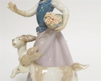 1241	LLADRO GIRL W/ BASKET OF FLOWERS & TWO DOGS, 8 1/2 IN H 

