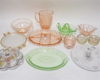 1283	DEPRESSION & OTHER GLASS LOT, INCLUDES PINK CHERRY BLOSSOM PITCHER, BUTTERFLY CUT CENTER  HANDLED SERVER, ETC
