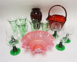 1285	CRANBERRY, RED & GREEN GLASS LOT, CRANBERRY OPALESCENT BOWL IN 10 IN, RED BASKET IS 11 IN HIGH
