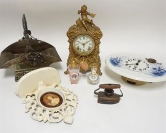 1287	LOT W/CLOCK, VICTORIAN SILVERPLATED BASKET, CAMEO CREATIONS SHELF, PERFUME BOTTLES & CHILDS IRON, GILT METAL CLOCK IS 12 1/2 IN HIGH
