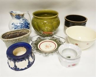 1294	8 PIECE LOT W/JARDINIERE, CROCK, SPITTOONS, ETC, BLUE & GOLD DECORATED PITCHER IS 11 IN HIGH
