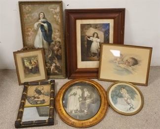 1295	7 PIECES OF FRAMED ARTWORK INCLUDING BESSIE PEASE GUTMANN, LARGE PRINT W/CHERUBS IS STAINED, 29 1/2 IN HIGH
