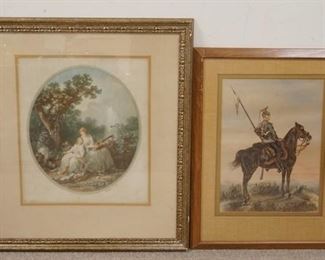 1298	2 PIECES FRAMED ARTWORK, 2 LADIES IN A GARDEN SIGNED ARTHUR COX & WATERCOLOR OF A SOLDIER ON HORSEBACK, LARGEST IS 26 1/2 IN X 29 IN INCLUDING FRAME
