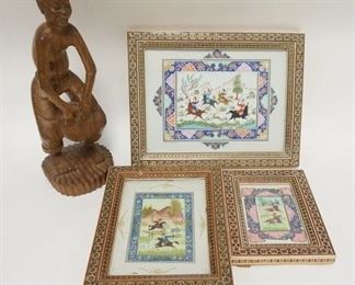 1299	ETHNIC WOOD CARVING & 3 PAINTINGS OF HUNTERS IN MOSAIC FRAMES
