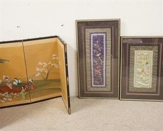 1301	3 PIECE ASIAN LOT, SMALL FOLDING SCREEN & 2 FRAMED EMBROIDERED SILKS
