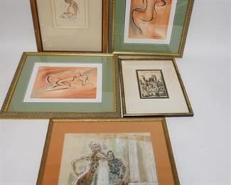 1307	5 PIECES FRAMED ARTWORK, INCLUDES PAINTING BY JOSEPH DOMARSKI, 2 PENCIL SIGNED NUDES, SIGNED PORTRAIT & CITY SCENE
