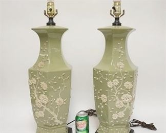 1308	PAIR OF ASIAN STYLE LAMPS W/RELIEF FLORAL DECORATION, 25 1/4 IN HIGH
