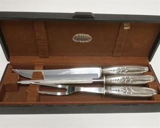 1316	FLINT 3 PIECE CARVING SET W/STERLING SILVER HANDLES, IN ORIGINAL WOODEN BOX, PLAQUE ON COVER NOT MONOGRAMMED
