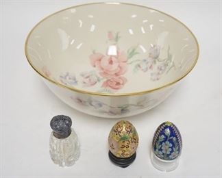 1324	LOT W/LENOX CHATSWORTH BOWL 10 1/2 IN, CLOISONNE & ENAMELED EGGS, & CUT GLASS SALT SHAKER W/STERLING SILVER TOP

