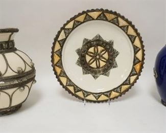 1328	3 PIECE DECORATIVE POTTERY W/METAL OVERLAY, ONE PIECE OF METAL TRIM NEEDS TO BE REATTACHED
