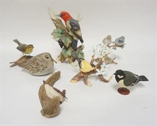 1335	7 BIRD FIGURES W/ANDREA (GOLD FINCH HAS A MISSING PETAL), ONE OTHER PORCELAIN, ONE POTTERY, & 3 CARVED WOOD, ONE SIGNED RANDY & ELAIN FESHER, 1991 W/CHIP ON A WING
