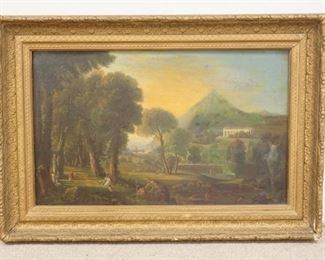 1336	EARLY 19TH OR LATE 18TH CENTURY OIL ON CANVAS,  ROMANTIC LANDSCAPE, HAS STRUCTURE W/COLUMNS, MOUNTAIN & BODY OF WATER, PEOPLE LOWER RIGHT, RELINED & SOME RESTORATION, CANVAS IS 36 1/4 IN X 23 IN, WITH FRAME 45 1/4 IN X 32 IN
