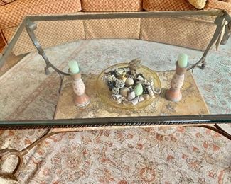Beveled glass and marble coffee table