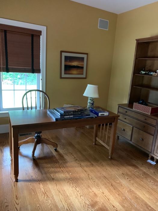 Lane built desk with keyboard drawer and matching wheeled spindle back chair. $285