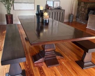 10" x 44" Hardwood dining room or family room pedestal table. Strong and elegant- made in Italy, hand rubbed finish. Includes two matching pedestal benches. One of kind heirloom piece. $2950.00
