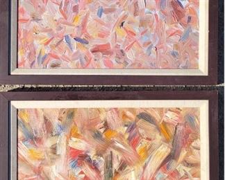 Pair of abstract expressionist paintings. Signed "R. K." Oil on masonite.