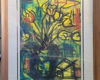 French 1950s modernist still life 26" x 20"  oil on canvasboard.