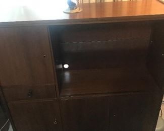 Wooden Vintage Bar
2 drawers on bottom lock for security 
Glass shelf and mirror tile on back