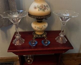 Accent table, antique lamp