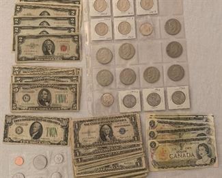 Paper currency 1930’s-1970’s, Kennedy half dollars, Eisenhower dollars, Walking Liberty half dollars