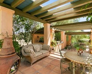 chimenea, patio table set, patio couch