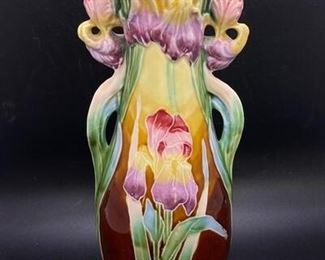 Antique Art Nouveau Ceramic German Majolica Iris Vase Urn