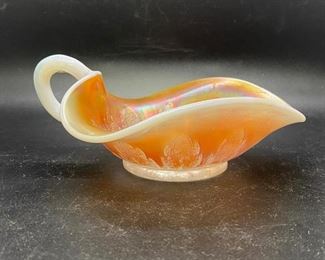 Antique Dugan Opalescent Marigold Leaf Rays Nappy Carnival Glass Handled Dish
