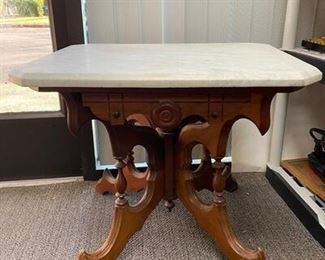 Antique Eastlake Victorian Style Stone Marble End Table Top Hand Carved Wood