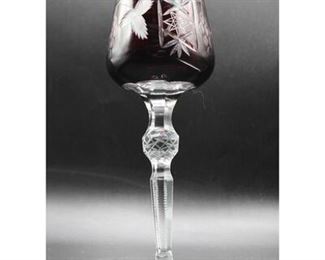 Antique Made in Poland Bohemian Hortensia Crystal Cut Amethyst Overlay Hock Wine Drinking Glass