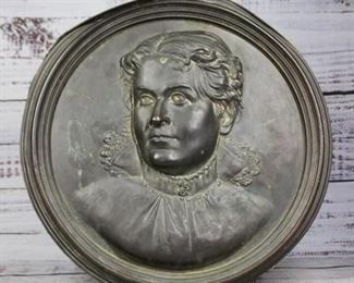 Antique Round Embossed Bronze Metal Portrait of a Victorian Woman