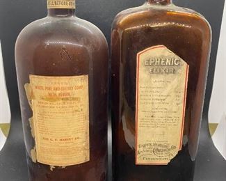 Pair of Antique Large Brown Glass Medicine Elixir Bottles Heroin Chloroform Acetanilide