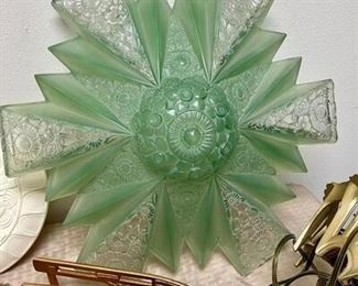 RARE Antique Modernizer Art Deco Frosted Green Glass Hanging Lamp Shade Parts