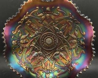 Vintage Amethyst Carnival Glass Footed Ruffled Bowl Northwood Wishbone