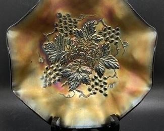 Vintage Black Amethyst Carnival Glass Bowl Northwood Ruffled Grape Leaves