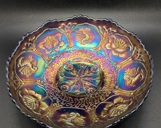 Vintage Cobalt Blue Fenton Carnival Glass Shallow Bowl Dragon Lotus