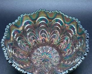 Vintage Dark Green Fenton Peacock Tail Carnival Glass Candy Dish Bowl